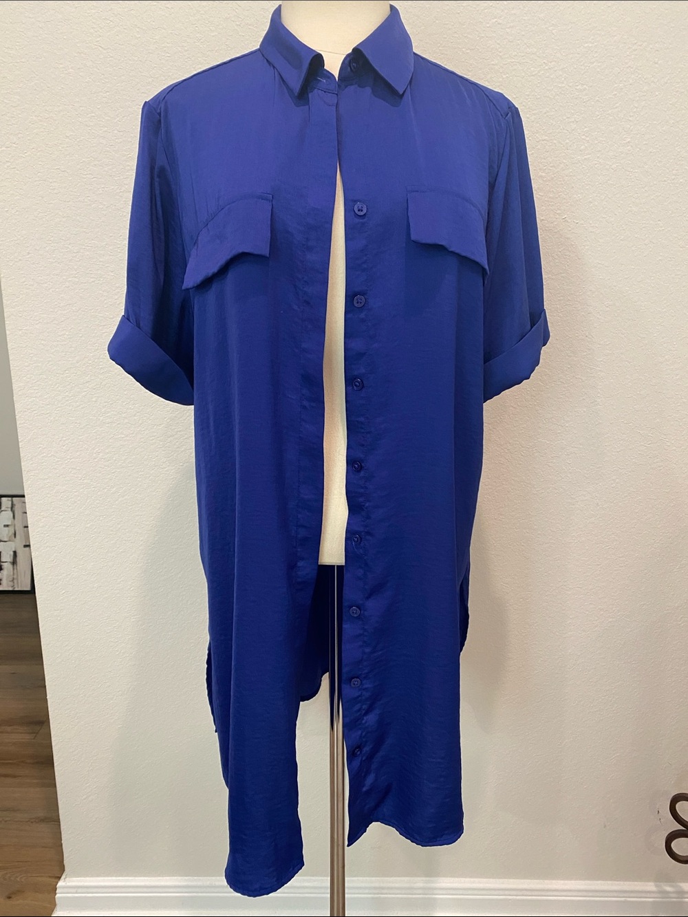Chico's Deep Blue Long Button-Down Shirt Sz XL